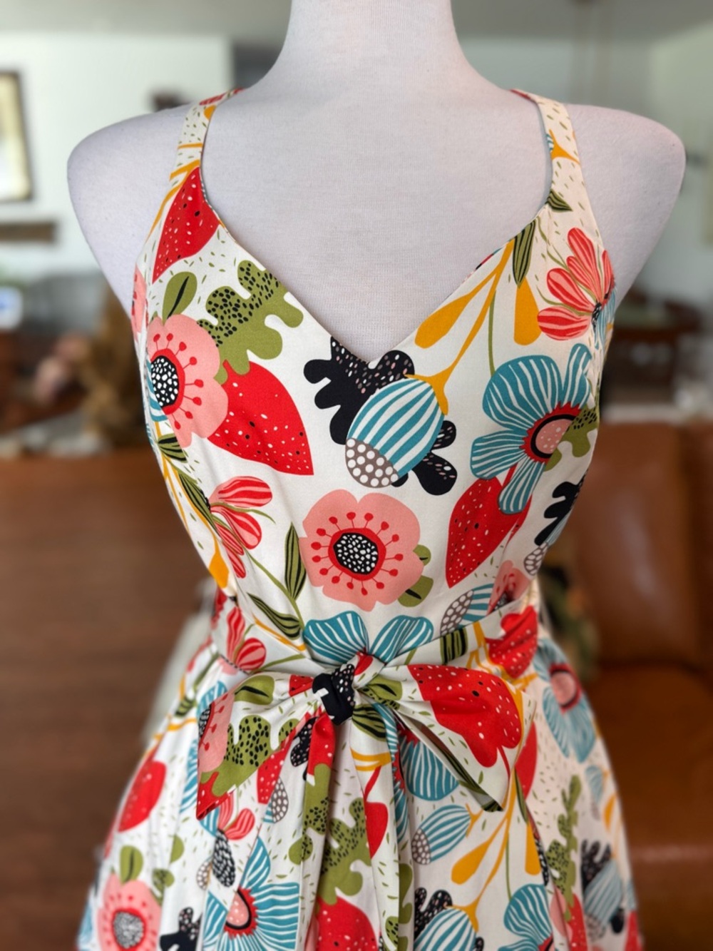 💐 Collectif Floral Tie-Waist Midi Dress Retro Picnic - Picture 4 of 17